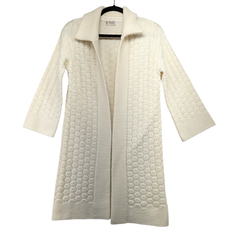 Vintage Sweater Bee by Banff Cream‎ Honeycomb Knit Longline Open Cardigan Small